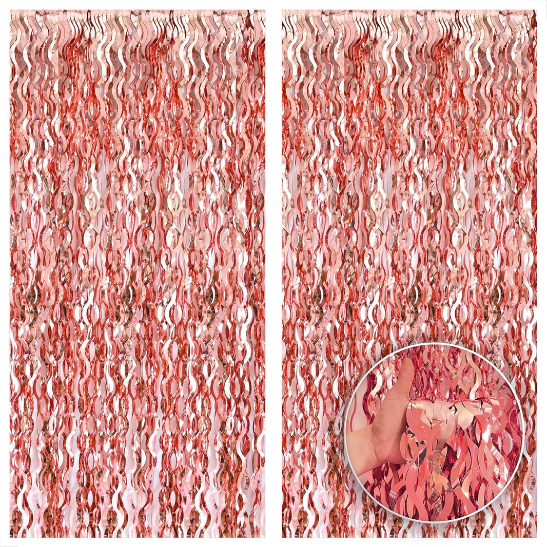 KatchOn XtraLarge Wavy Rose Gold Fringe Backdrop - 6.4x6.5 Feet Rose Gold Fringe Pack of 2 | Wine Bachelorette Party Decorations | Rose Gold Party Decorations, Rose Gold Birthday Decorations for Women