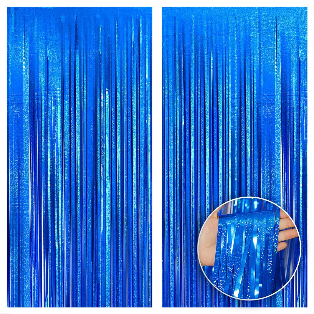 KatchOn, XtraLarge Blue Iridescent Streamers - 6.4x8 Feet, Pack of 2 | Blue Tinsel Backdrop for Ocean Themed Party Decor | Blue Streamers Backdrop for Blue Decorations, Under The Sea Party Decorations