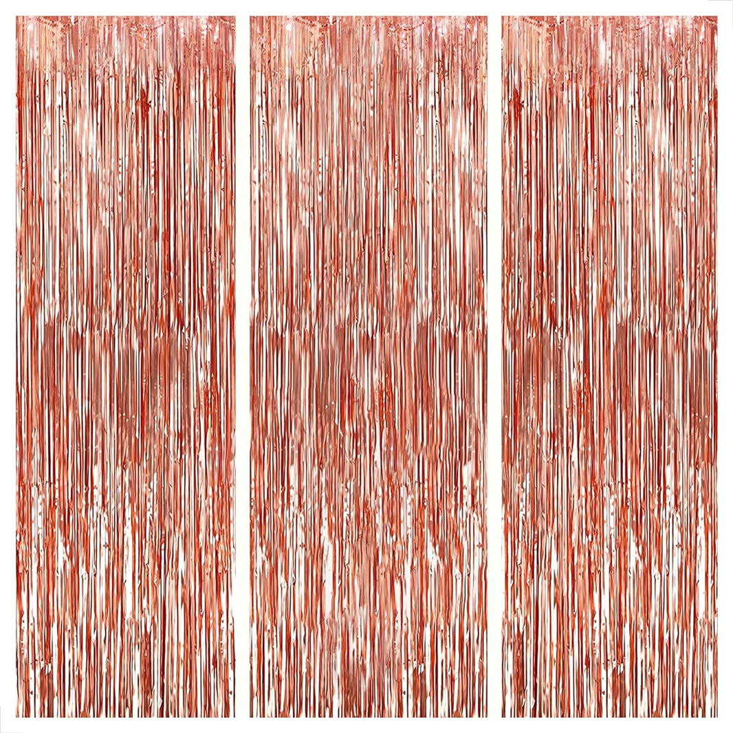 KatchOn, Rose Gold Fringe Curtain - XtraLarge 8x3.2 Feet, Pack of 3 | Rose Gold Backdrop for Birthday Party | Rose Gold Party Decorations | Rose Gold Tinsel Backdrop for Bachelorette Party Decorations