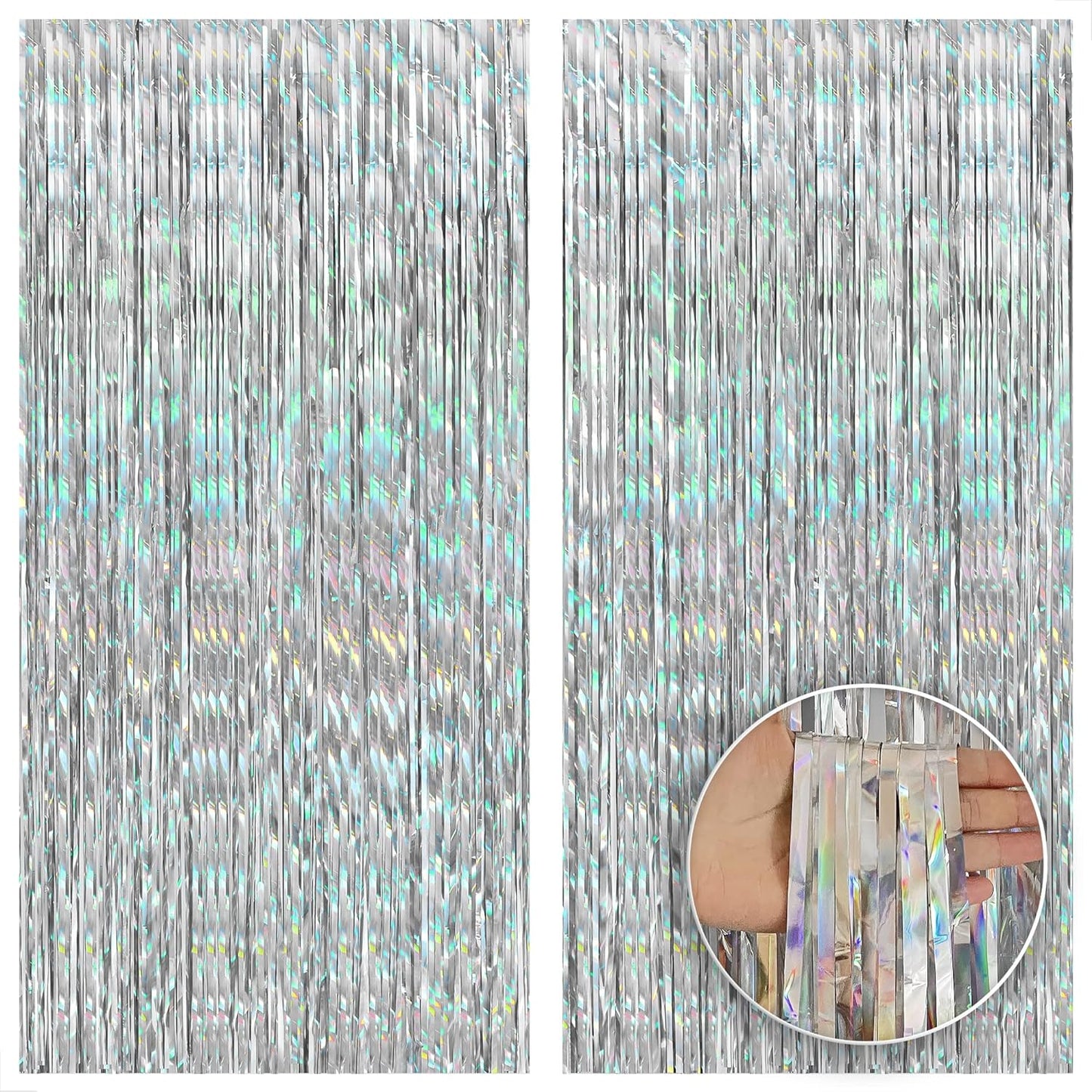 KatchOn, Holographic Silver Streamer Backdrop - XtraLarge 6.4x8 Feet, Pack of 2 | Silver Fringe Backdrop for Silver Streamers Party Decorations | Silver Tinsel Backdrop for Disco Party Decorations