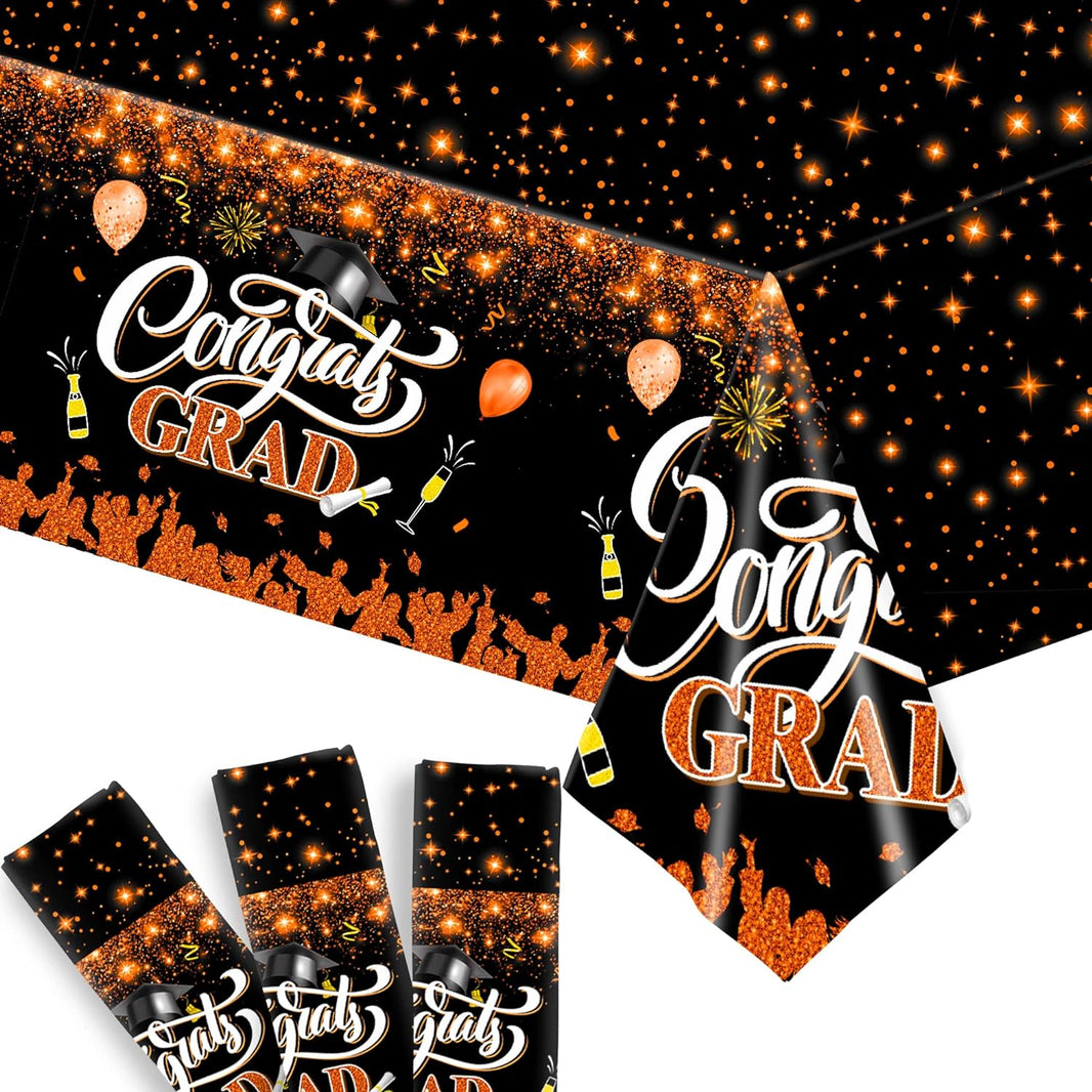 KatchOn, Orange and Black Graduation Tablecloth - XtraLarge 108x54 Inch, Pack of 3 | Congrats Grad Tablecloth, 2024 Graduation Party Decorations | Black and Orange Graduation Decorations Class of 2024
