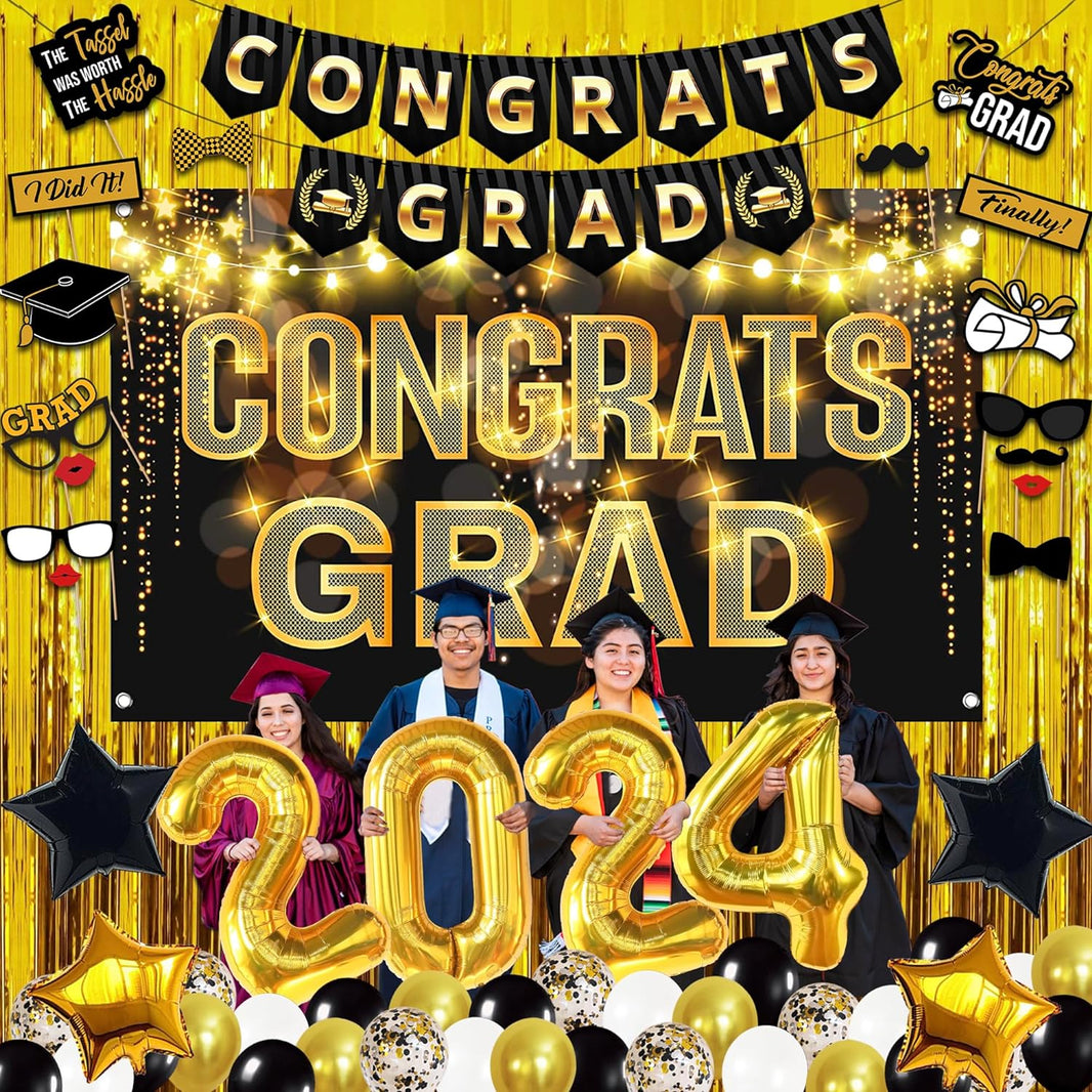 KatchOn, Black and Gold Graduation Decorations Class of 2024 - Huge, Pack of 65 | Congrats Grad Banner, Gold Foil Fringe Curtain | Gold 2024 Graduation Balloons for Graduation Party Decorations 2024