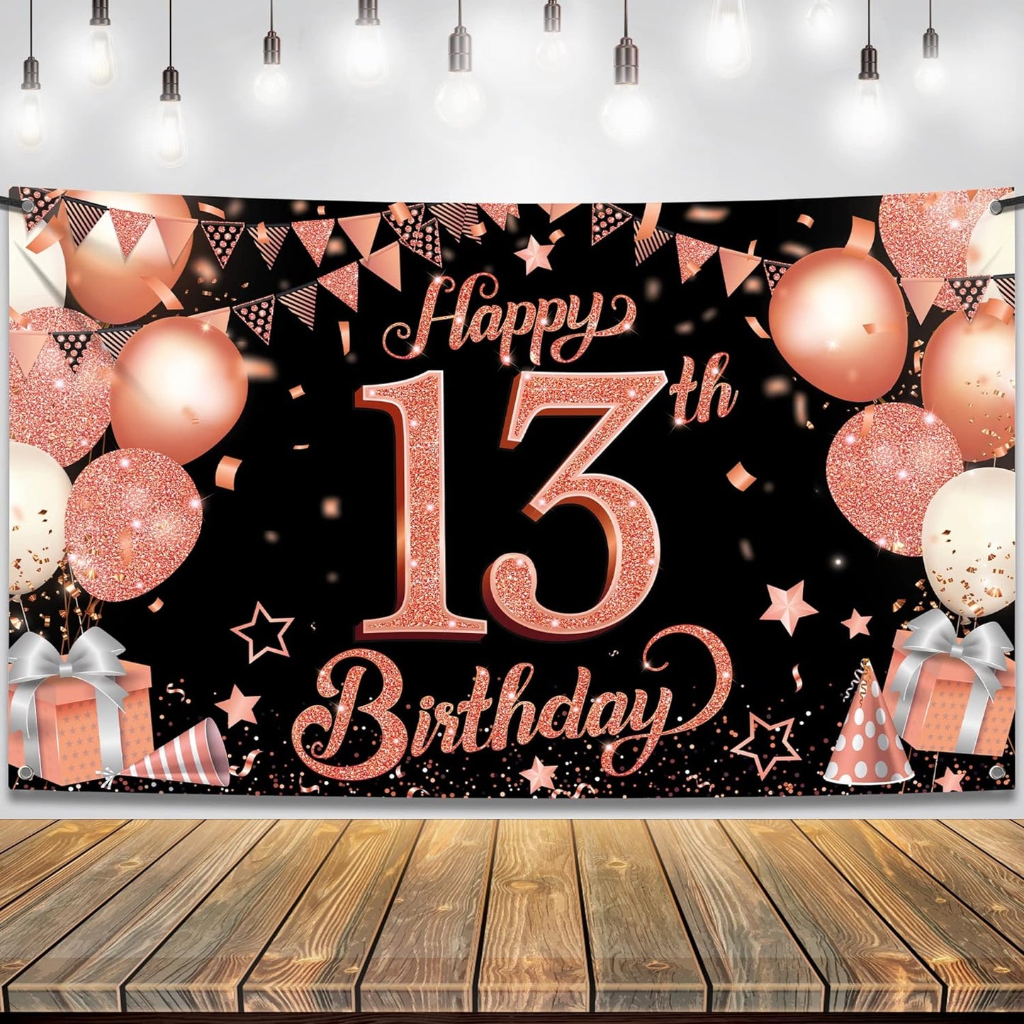 KatchOn Rose Gold Happy 13th Birthday Banner - XtraLarge, 72x44 Inch | Rose Gold and Black 13th Birthday Decorations for Girls | Official Teenager 13th Birthday Backdrop, 13 Year Old Birthday Supplies