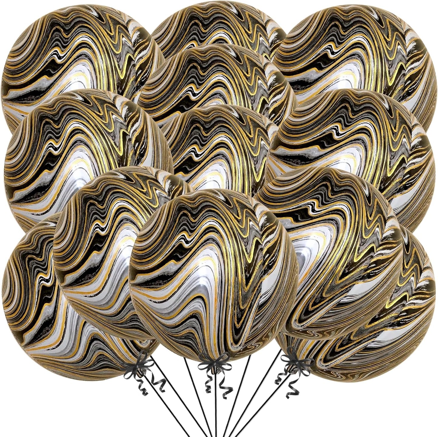 KatchOn, Big Black and Gold Marble Balloons - 22 Inch, Pack of 12, Agate Balloons | 4D Marble Black and Gold Balloons | Marble Foil Balloons, Black and Gold Party Decorations | Black Marble Balloons