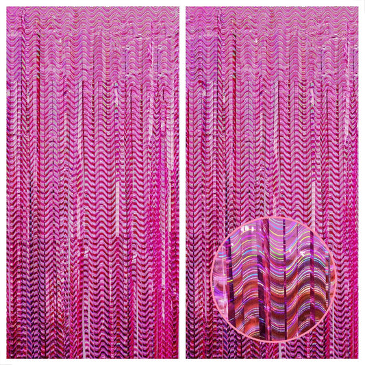 KatchOn, Laser Pink Backdrop Curtain - Large, 8x3.2 Feet, Pack of 2 | Laser Pink Streamers for Pink Party Decorations | Pink Fringe Backdrop | Pink Tinsel Backdrop for Hot Pink Birthday Decorations