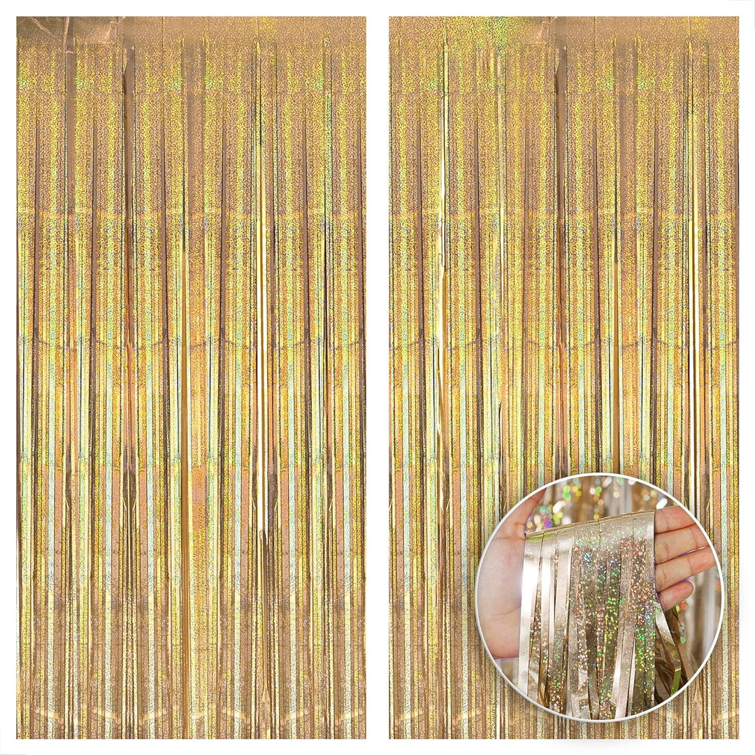 KatchOn, Champagne Gold Fringe Curtain Backdrop - Large, 6.4x8 Feet, Pack of 2 | Iridescent Gold Backdrop Curtain, Gold Photo Backdrop | Gold Foil Curtain Backdrop, Golden Birthday Party Decorations