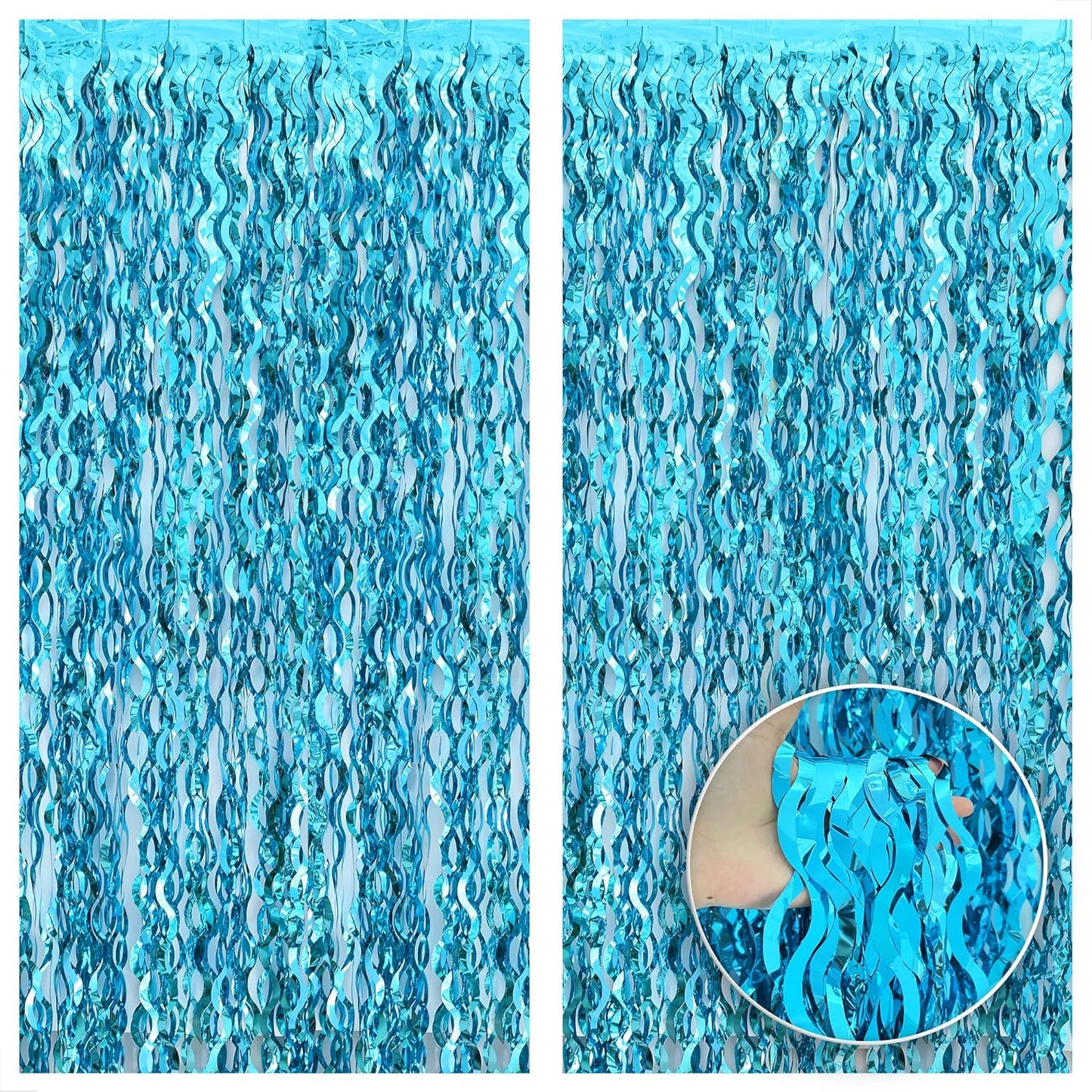 KatchOn, XtraLarge, Wavy Blue Foil Fringe Curtain - 3.2x6.4 Feet, Pack of 2 | Blue Water Streamer Backdrop for Beach Party Decorations | Under The Sea Party Decorations | Summer Decorations for Party