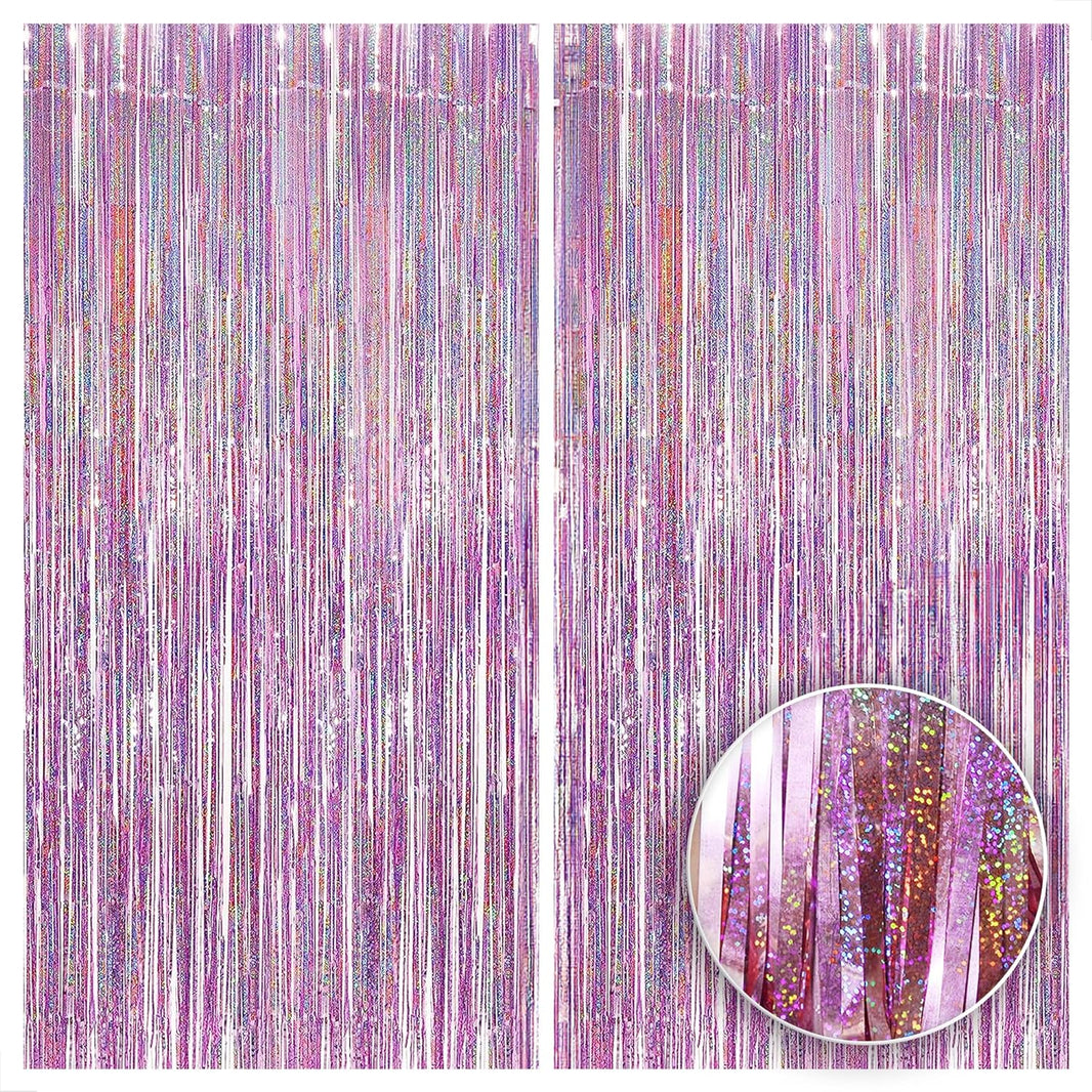 KatchOn, Iridescent Pink Backdrop Curtain - XtraLarge 8x3.2 Feet, Pack of 2 | Pink Streamers for Pink Party Decorations | Pink Fringe Backdrop for Pink Birthday Decorations | Pink Iridescent Backdrop